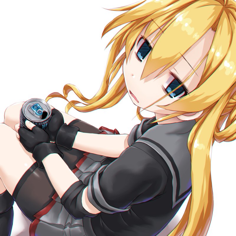 abukuma_(kantai_collection) bangs bike_shorts black_gloves blonde_hair blue_eyes can commentary_request dd_(ijigendd) double_bun empty_eyes energy_drink gloves hair_between_eyes hair_rings kantai_collection long_hair looking_at_viewer monster_energy open_mouth partly_fingerless_gloves pleated_skirt remodel_(kantai_collection) school_uniform serafuku short_sleeves shorts shorts_under_skirt skirt solo