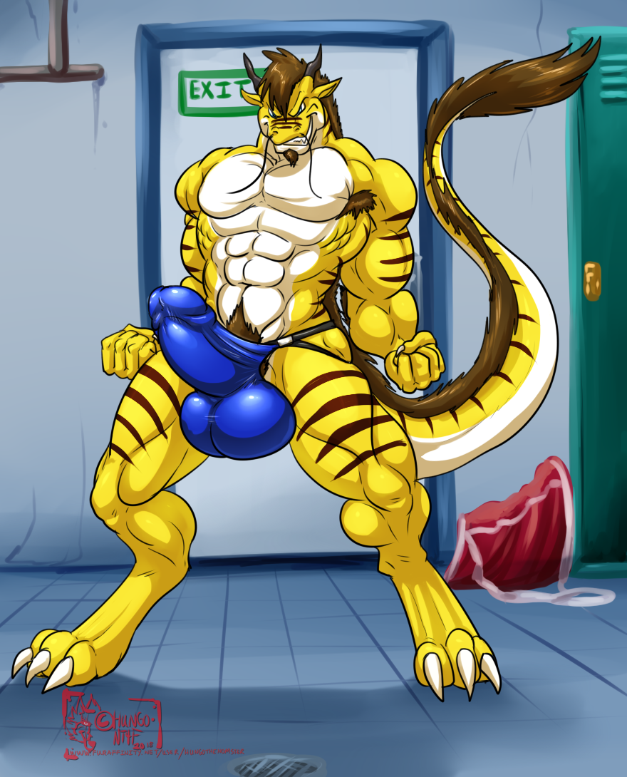2018 3_toes 5_fingers abs anthro armpit_hair balls beard biceps big_penis blue_eyes brown_hair brown_skin bulge clothed clothing door dragon eastern_dragon erection facial_hair fist flexing grin gym hair hungothenomster locker looking_down male multicolored_skin muscular muscular_male penis penis_flexing penis_outline scalie sharp_teeth smile solo stripes teeth tight_underwear toes topless two_tone_skin underwear white_skin yellow_skin