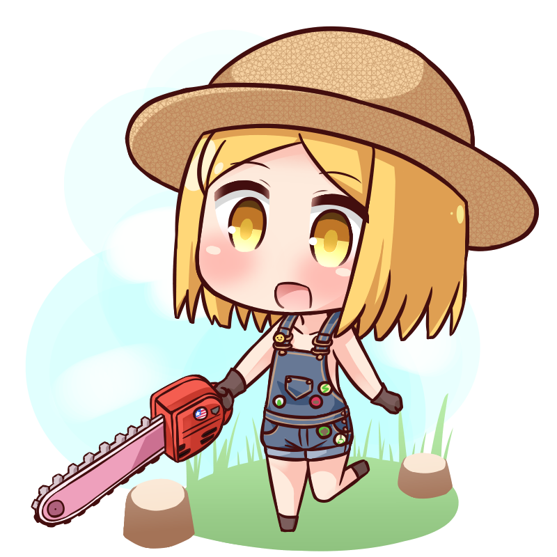 :d bangs black_footwear black_gloves blonde_hair blue_sky blush brown_hat chainsaw chibi cloud collarbone commentary_request day eyebrows_visible_through_hair fate/grand_order fate_(series) gloves hana_kazari hat holding naked_overalls open_mouth outdoors overall_shorts overalls parted_bangs paul_bunyan_(fate/grand_order) sky smile solo standing standing_on_one_leg tree_stump white_background yellow_eyes