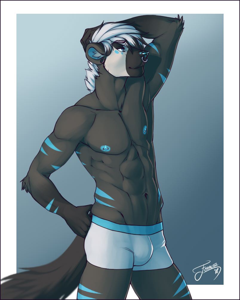 2018 5_fingers abs anthro athletic black_fur black_nose blue_background blue_eyes blue_fur briefs bulge clothed clothing ear_piercing eyebrows facial_piercing feralise fur hair hand_behind_head hyena looking_aside male mammal markings multicolored_fur muscular nipple_piercing nipples nose_piercing piercing pose simple_background smile solo standing stripes topless two_tone_fur underwear white_fur white_hair