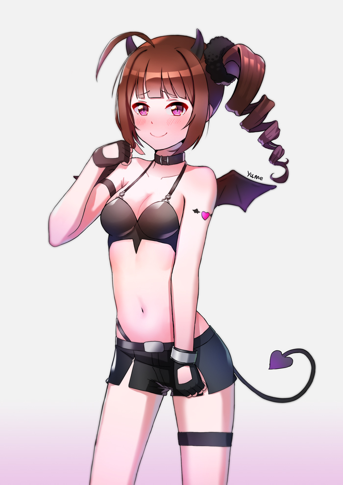 ahoge artist_name black_gloves black_shorts blush brown_hair collar demon_horns demon_tail drill_hair fingerless_gloves gloves grey_background heart_tattoo horns idolmaster idolmaster_million_live! idolmaster_million_live!_theater_days looking_at_viewer navel pointing pointing_at_self purple_eyes scrunchie shorts side_drill simple_background smile solo standing tail tattoo thigh_strap yokoyama_nao yume_tiem