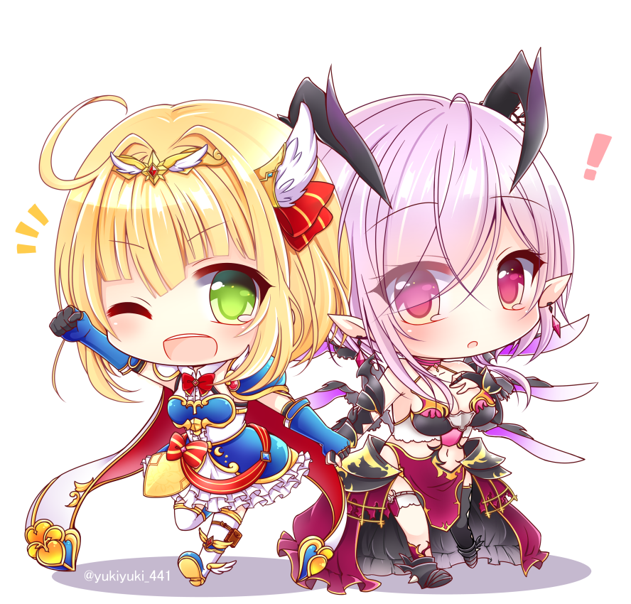 2girls :o ;d animal_ears arm_up bare_shoulders black_footwear black_legwear blonde_hair blue_footwear blue_gloves blush bow breasts bridal_gauntlets cape chibi cleavage commentary demon_horns dress elbow_gloves gloves green_eyes hair_bow hair_intakes hair_ornament holding_hands horns large_breasts long_hair looking_at_viewer multiple_girls navel one_eye_closed open_mouth oskulolu outstretched_arm parted_lips purple_eyes purple_hair red_bow shironeko_project shoes single_thighhigh smile soara_(shironeko_project) standing standing_on_one_leg striped striped_bow thighhighs twitter_username upper_teeth white_background white_cape white_dress white_legwear yukiyuki_441