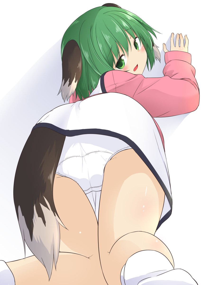 animal_ears bent_over blush commentary_request dog_ears dog_tail dress eyebrows eyebrows_visible_through_hair eyelashes from_behind from_below green_eyes green_hair hand_on_wall highres kasodani_kyouko kazawa_(tonzura-d) kneeling looking_at_viewer open_mouth panties pantyshot pantyshot_(kneeling) pink_dress shadow simple_background sleeves_past_wrists socks solo tail thigh_gap tongue touhou underwear white_background white_legwear white_panties