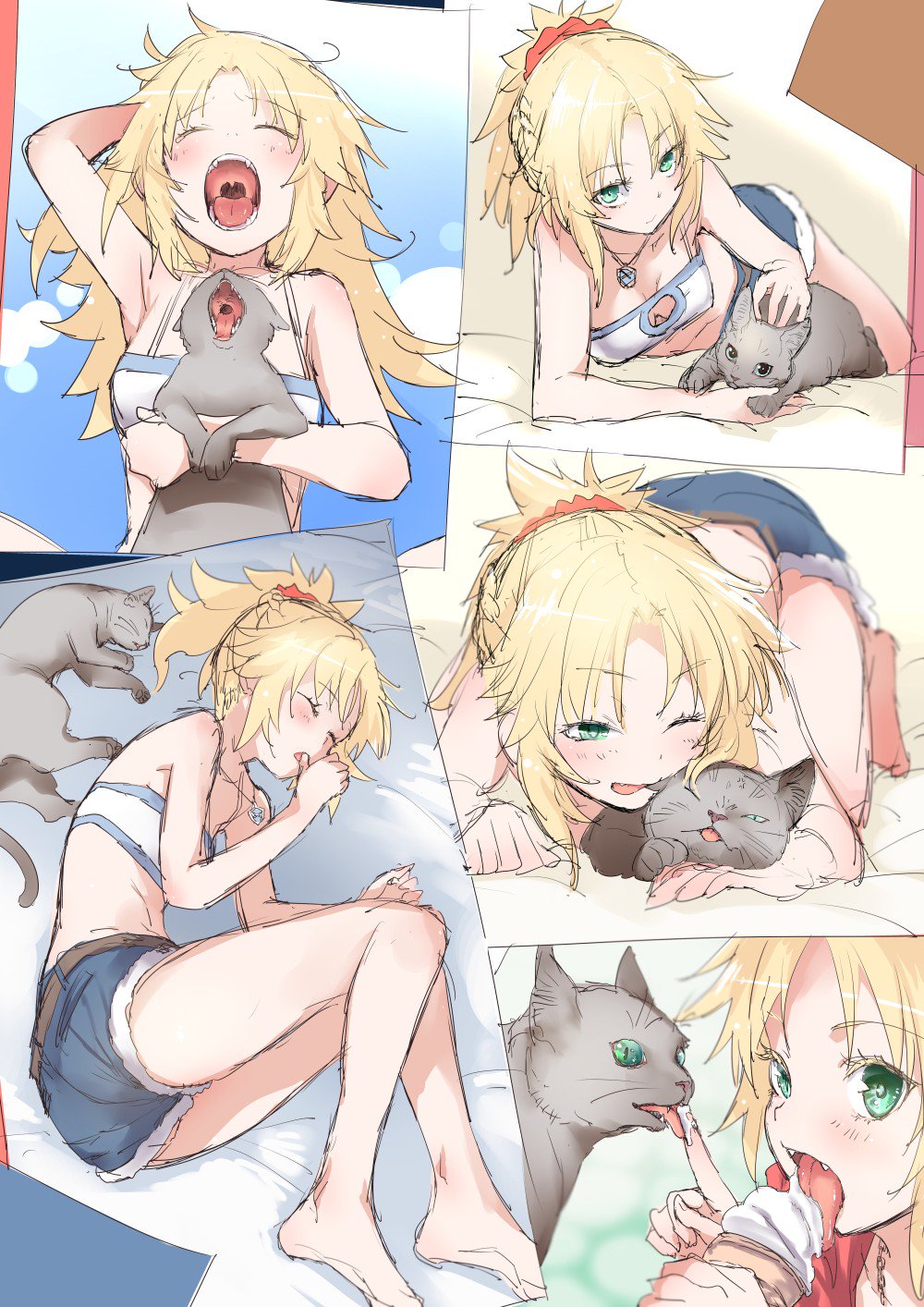 animal bandeau belt biting blonde_hair blush breasts cat cleavage cutoffs denim denim_shorts ear_biting eyebrows_visible_through_hair fangs fate/grand_order fate_(series) fetal_position food green_eyes highres ice_cream licking long_hair looking_at_viewer lying messy_hair mordred_(fate)_(all) mozu_(peth) multiple_views on_side one_eye_closed ponytail shorts sketch small_breasts teeth uvula yawning