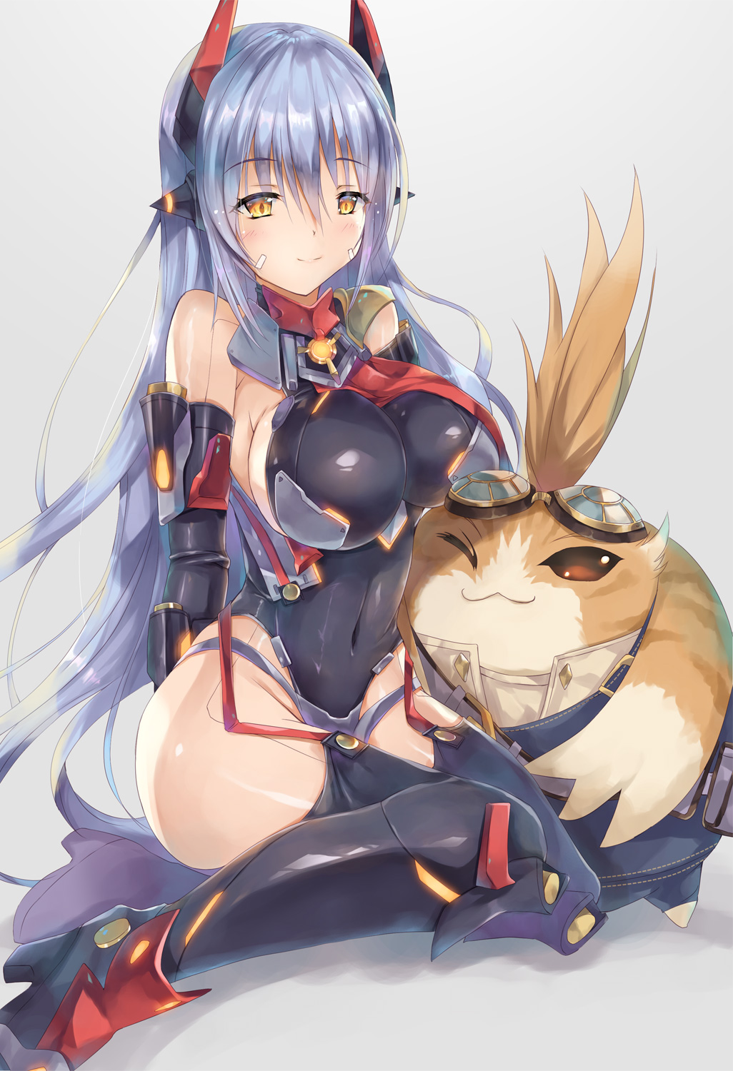 ;3 android bare_shoulders blush boots breasts commentary_request covered_navel elbow_gloves eyebrows_visible_through_hair garter_straps gloves goggles goggles_on_head hana_(xenoblade) hana_jd headgear high_heel_boots high_heels highleg highleg_leotard highres hinot large_breasts leotard long_hair nopon orange_eyes overalls purple_hair red_scarf robot_joints scarf short_hair sitting smile spoilers tora_(xenoblade) xenoblade_(series) xenoblade_2 yokozuwari