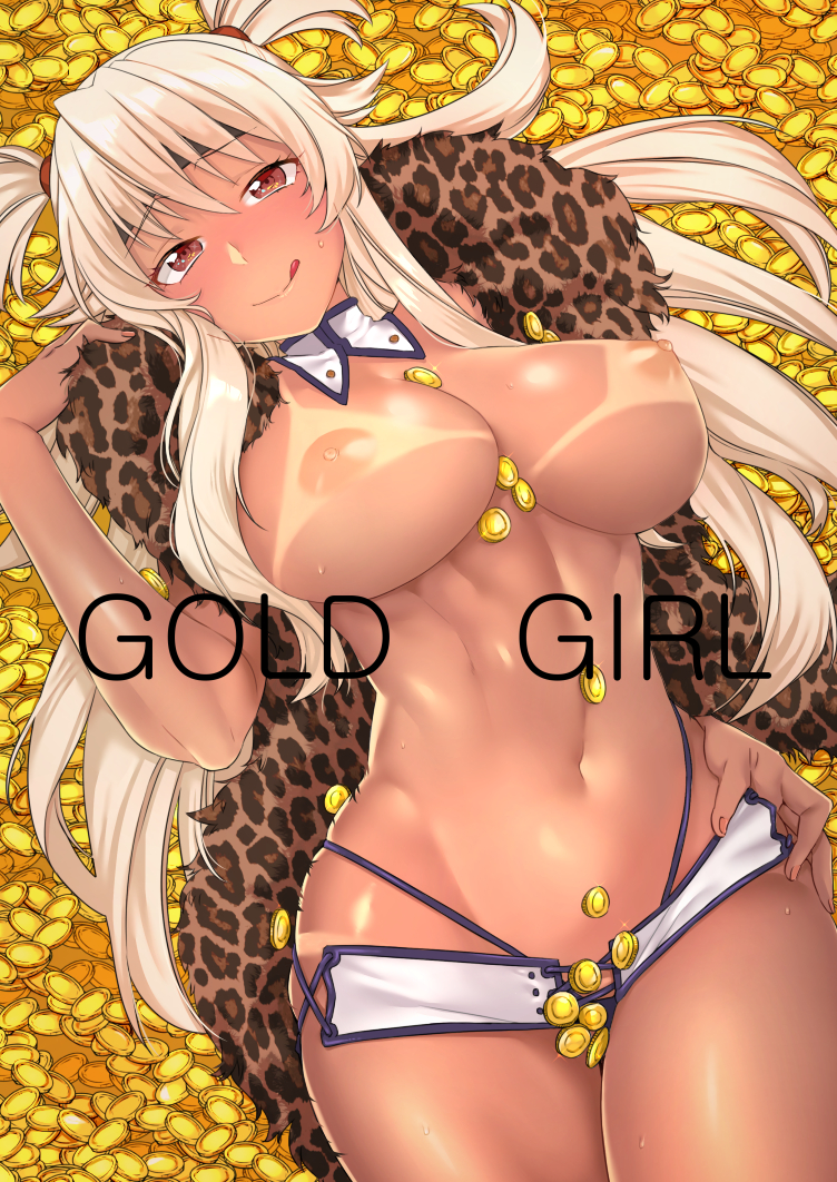 :q amanda_(sennen_sensou_aigis) blonde_hair blush breasts brown_eyes coin commentary_request cover cover_page doujin_cover english gold gyaru headband large_breasts long_hair looking_at_viewer miniru navel nipples sennen_sensou_aigis solo tan tanline toned tongue tongue_out topless two_side_up