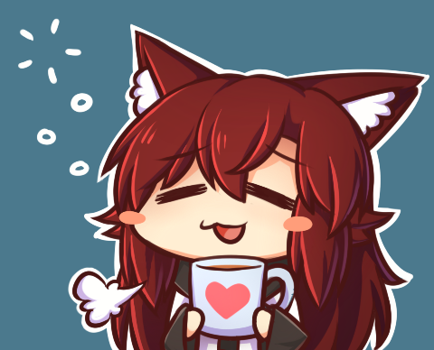 =3 =_= animal_ear_fluff animal_ears blue_background blush_stickers brown_hair chibi closed_eyes cup holding holding_cup imaizumi_kagerou long_hair lowres mug open_mouth simple_background solo touhou wolf_ears wool_(miwol)
