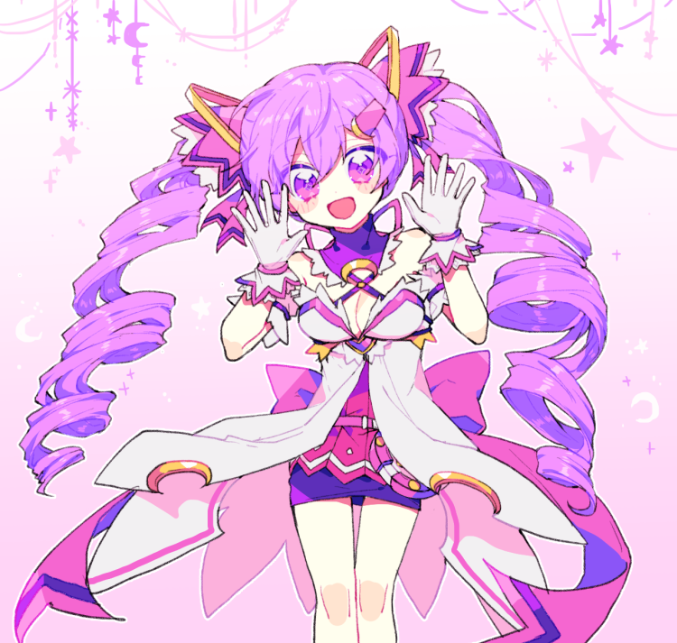 aisha_(elsword) back_bow blush bow breasts cleavage colorized dimension_witch_(elsword) dress drill_hair elsword eo_(dj0513) eyebrows_visible_through_hair gloves gradient gradient_background hair_ornament hairclip medium_breasts moon purple_eyes purple_hair short_dress smile twintails white_gloves