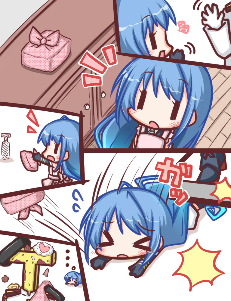 &gt;_&lt; 1boy 1girl :d :o apron bangs bare_shoulders black_gloves blue_hair blush comic commentary_request elbow_gloves eyebrows_visible_through_hair failure flying_sweatdrops food food_on_head gloves hair_between_eyes heart holding jacket kantai_collection komakoma_(magicaltale) long_hair lying military_jacket obentou object_on_head on_stomach open_mouth outstretched_arm pink_apron running samidare_(kantai_collection) shirt silent_comic sleeveless sleeveless_shirt smile standing t-head_admiral tears tripping very_long_hair white_gloves white_jacket white_shirt wooden_floor ||_||