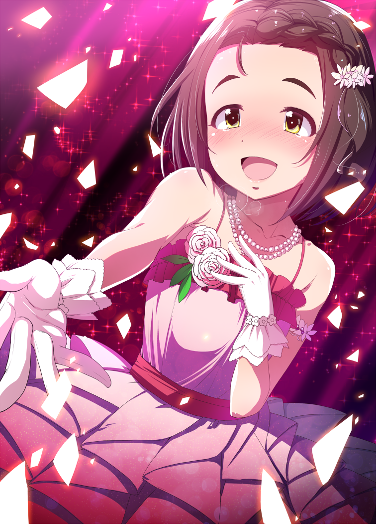 :d bare_shoulders blush braid breath brown_hair dress flower gloves hair_flower hair_ornament hand_on_own_chest happy_tears idolmaster idolmaster_cinderella_girls jewelry natsumi_akira necklace open_mouth outstretched_arm pearl_necklace short_hair smile solo sparkle tears white_gloves yanase_miyuki yellow_eyes