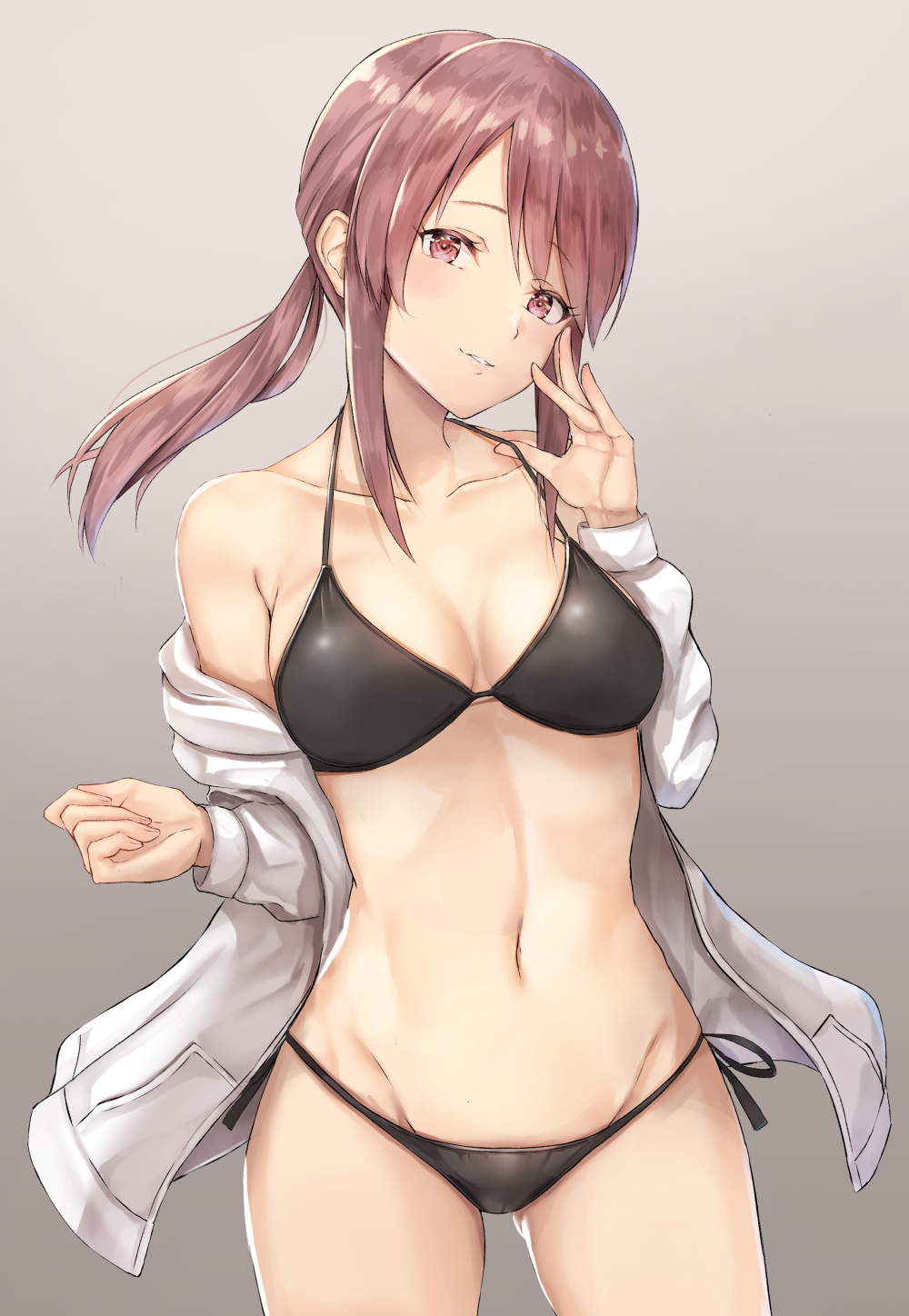 ass_visible_through_thighs bare_shoulders bikini black_bikini black_ribbon breasts brown_hair cleavage collarbone cowboy_shot eyebrows_visible_through_hair gradient gradient_background grey_background groin hand_on_own_face head_tilt highres idolmaster idolmaster_cinderella_girls irohakaede legs_apart long_sleeves looking_at_viewer medium_breasts mifune_miyu navel off_shoulder open_clothes open_shirt parted_lips ponytail purple_eyes ribbon shiny shiny_hair side-tie_bikini sidelocks smile solo standing stomach swimsuit
