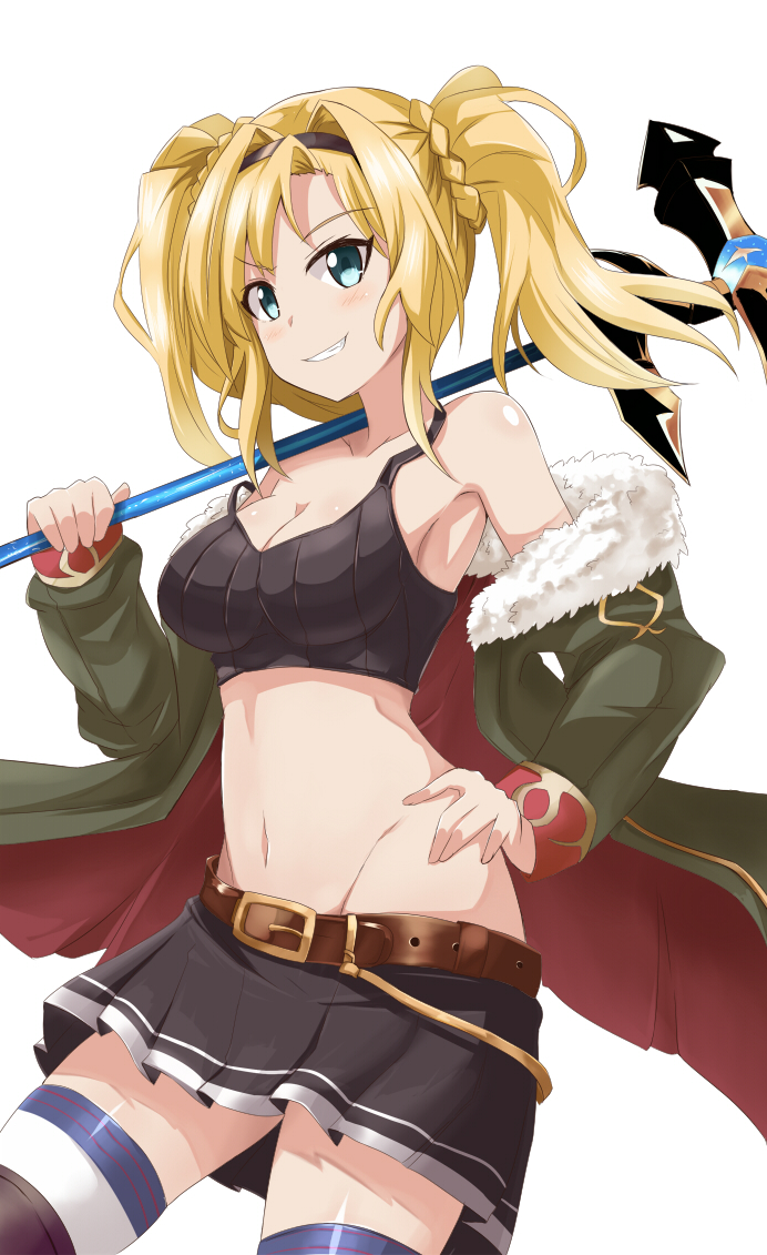 belt bin1998 blonde_hair blue_eyes breasts cleavage commentary_request fur_trim granblue_fantasy hair_intakes hairband medium_breasts midriff navel o-ring o-ring_top polearm skirt solo spear thighhighs twintails weapon zeta_(granblue_fantasy)
