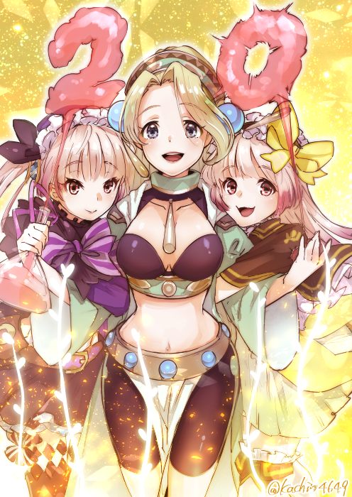 :d anniversary arm_hug atelier_(series) atelier_lydie_&amp;_suelle atelier_marie between_breasts bike_shorts black_shorts black_skirt blonde_hair blue_eyes bow breasts brown_capelet capelet cleavage closed_mouth collarbone commentary_request cowboy_shot eyebrows_visible_through_hair flask girl_sandwich hair_bow holding kachin large_breasts long_hair looking_at_viewer lydie_marlen marie_(atelier) midriff multiple_girls navel open_mouth pink_eyes pink_hair purple_bow sandwiched short_hair shorts siblings side_ponytail signature sisters skirt smile striped striped_bow suelle_marlen twins twitter_username yellow_background yellow_bow
