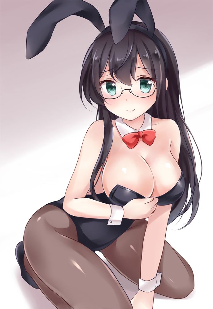 alternate_breast_size alternate_costume animal_ears between_legs black_hair black_leotard blue_eyes blush breasts bunny_ears bunnysuit cleavage collarbone detached_collar fake_animal_ears fake_tail from_above glasses gradient gradient_background hand_between_legs kantai_collection kneeling large_breasts leotard long_hair looking_at_viewer nikoo ooyodo_(kantai_collection) pantyhose smile solo tail wrist_cuffs