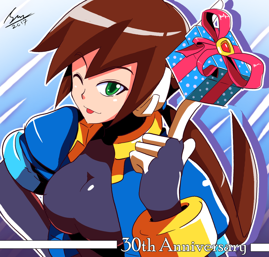 1girl 2017 aile alternate_breast_size bangs blue_jacket bodysuit bracelet breasts brown_hair dated gift gift_box green_eyes jacket large_breasts long_hair ponytail present puffy_short_sleeves ribbon rockman rockman_zx rockman_zx_advent shoutaro_saito signature smile solo tongue_out