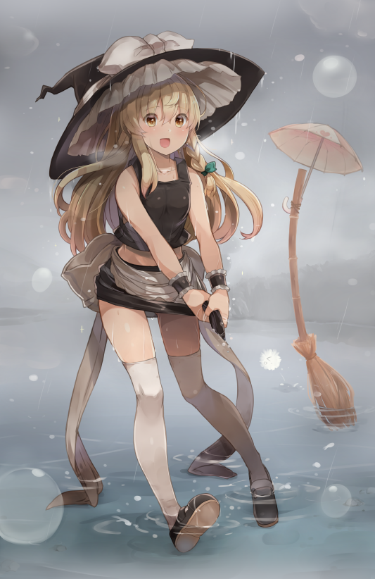 :d apron bare_shoulders black_skirt black_tank_top blonde_hair blush braid breasts commentary_request crop_top full_body hat hat_ribbon kirisame_marisa long_hair looking_at_viewer medium_breasts miniskirt open_mouth outdoors over-kneehighs rain ribbon shin_(new) skirt smile solo thighhighs touhou umbrella very_long_hair waist_apron wet wet_clothes white_legwear white_ribbon witch_hat wringing_clothes yellow_eyes