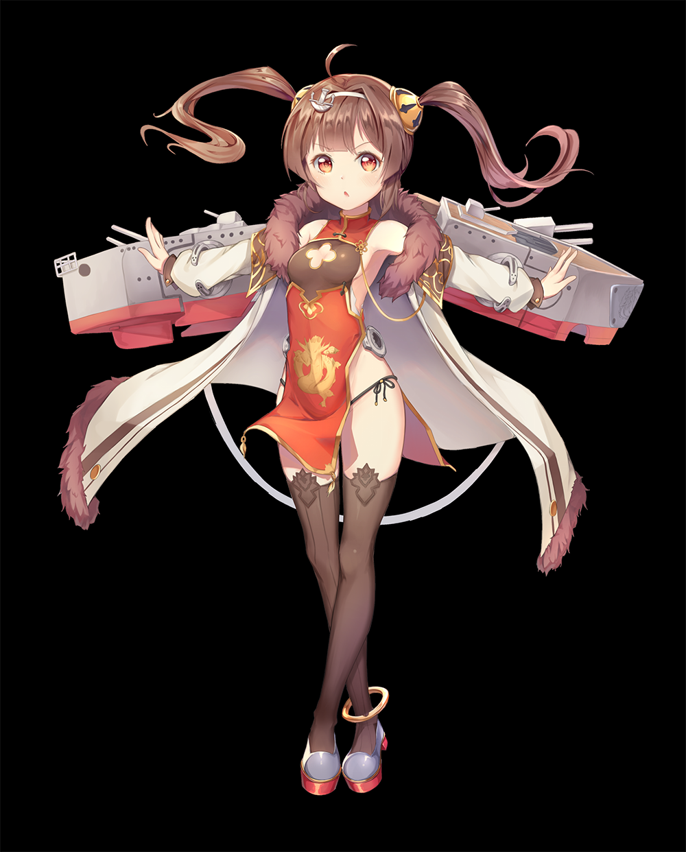 ahoge anchor_hair_ornament azur_lane bangs bare_shoulders black_background black_legwear black_panties blush breasts brown_eyes brown_hair china_dress chinese_clothes commentary_request dress eyebrows_visible_through_hair floating_hair full_body fur-trimmed_jacket fur_trim grey_footwear hair_ornament hairband hairpods high_heels highleg highleg_panties highres hon_(neo2462) jacket long_hair long_sleeves looking_at_viewer medium_breasts outstretched_arms panties parted_lips pelvic_curtain ping_hai_(azur_lane) puffy_long_sleeves puffy_sleeves red_dress side-tie_panties solo spread_arms thighhighs twintails underwear v-shaped_eyebrows white_hairband white_jacket