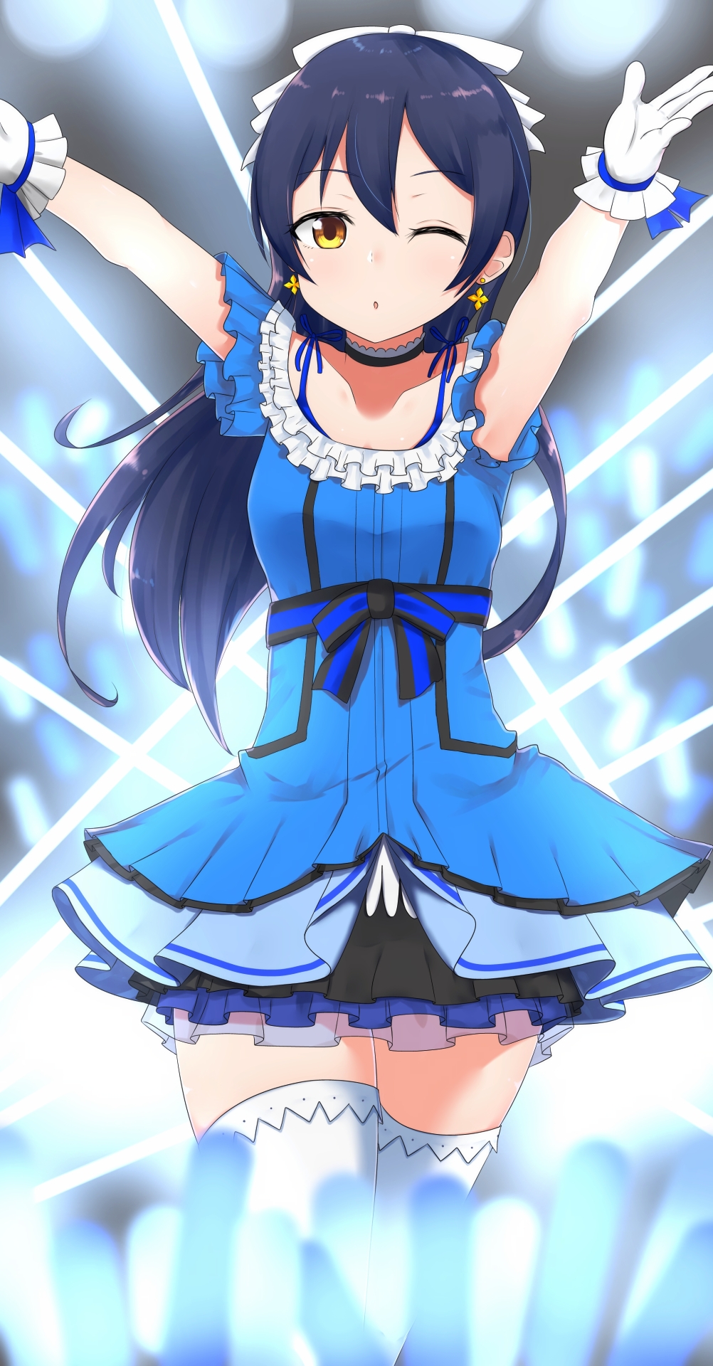 arms_up bangs bare_shoulders blue_dress blue_hair blush bow choker commentary_request cowboy_shot dress earrings gloves hair_between_eyes hair_bow hair_ornament highres jewelry kira-kira_sensation! long_hair looking_at_viewer love_live! love_live!_school_idol_project myanon_(r-tone) one_eye_closed smile solo sonoda_umi thighhighs white_gloves white_legwear yellow_eyes zettai_ryouiki