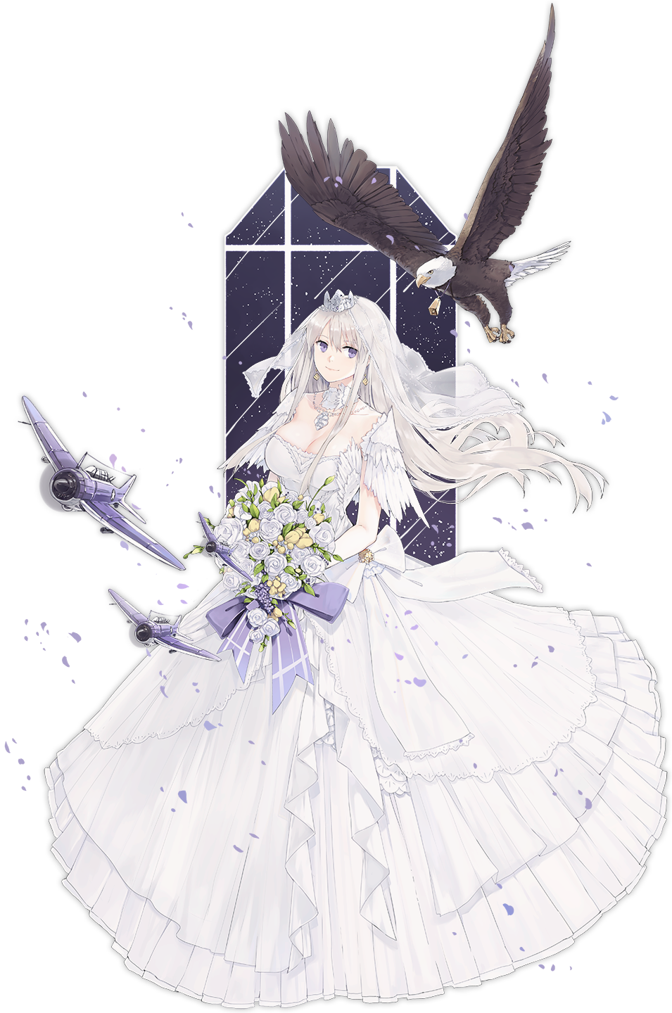 aircraft airplane animal azur_lane bald_eagle bangs bare_shoulders bell bird bouquet bow breasts bridal_veil cleavage closed_mouth collarbone dress eagle earrings enterprise_(azur_lane) eyebrows floating_hair flower full_body hair_between_eyes hao_(patinnko) highres holding holding_bouquet jewelry large_breasts leaf long_hair necklace official_art petals purple_eyes rose sidelocks silver_hair smile solo standing straight_hair strapless strapless_dress tachi-e tiara transparent_background veil wedding_dress white_bow white_dress white_flower white_rose