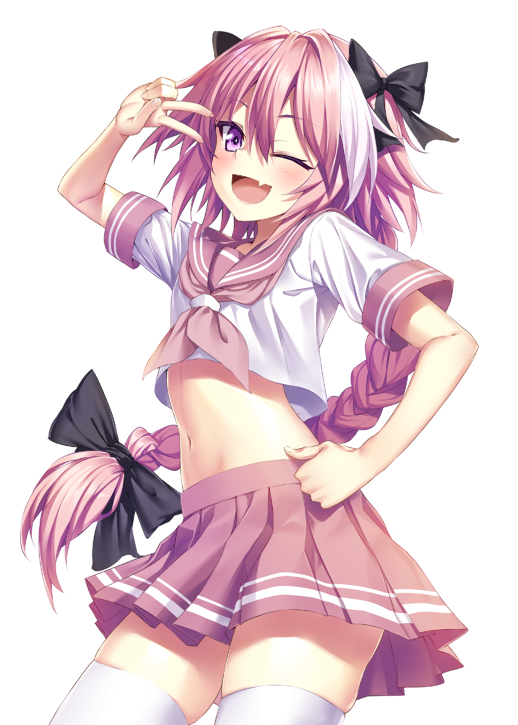 ;d arm_up astolfo_(fate) bangs black_bow blush bow braid commentary_request contrapposto crop_top eyebrows_visible_through_hair eyelashes fang fate/apocrypha fate/grand_order fate_(series) from_side hair_between_eyes hair_bow hair_intakes hand_on_hip heirou large_bow long_hair looking_at_viewer looking_to_the_side male_focus midriff miniskirt multicolored_hair navel neckerchief one_eye_closed open_mouth otoko_no_ko parted_bangs pink_hair pink_neckwear pink_sailor_collar pink_skirt pleated_skirt purple_eyes raised_eyebrows sailor_collar school_uniform serafuku shirt short_sleeves simple_background single_braid skindentation skirt sleeve_cuffs smile solo standing stomach streaked_hair thighhighs two-tone_hair v v_over_eye very_long_hair white_background white_hair white_legwear white_shirt
