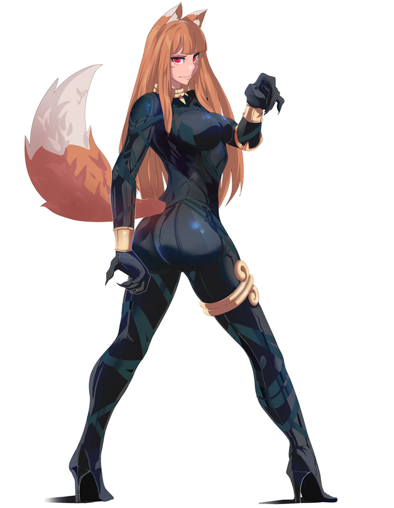 animal_ears ass black_panther_(marvel) black_panther_(marvel)_(cosplay) bodysuit breasts brown_hair claws commentary commission cosplay high_heels holo jovanni_soto long_hair marvel medium_breasts parted_lips red_eyes solo spice_and_wolf standing tail wolf_ears wolf_girl wolf_tail