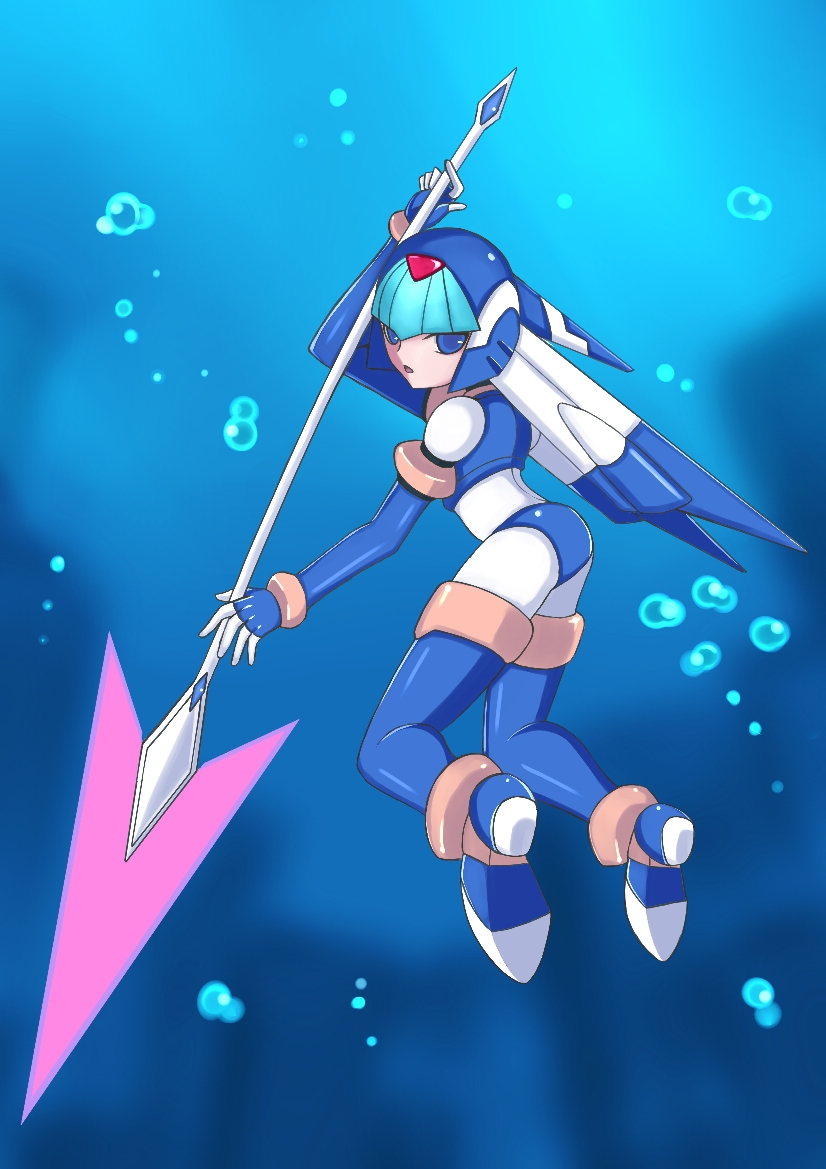 1girl android bent_over blue_eyes bodysuit bubble capcom full_body helmet high_heels holding holding_spear holding_weapon leroy leviathan_(rockman) looking_at_viewer looking_back open_mouth rockman rockman_zero spear thigh_boots underwater water weapon