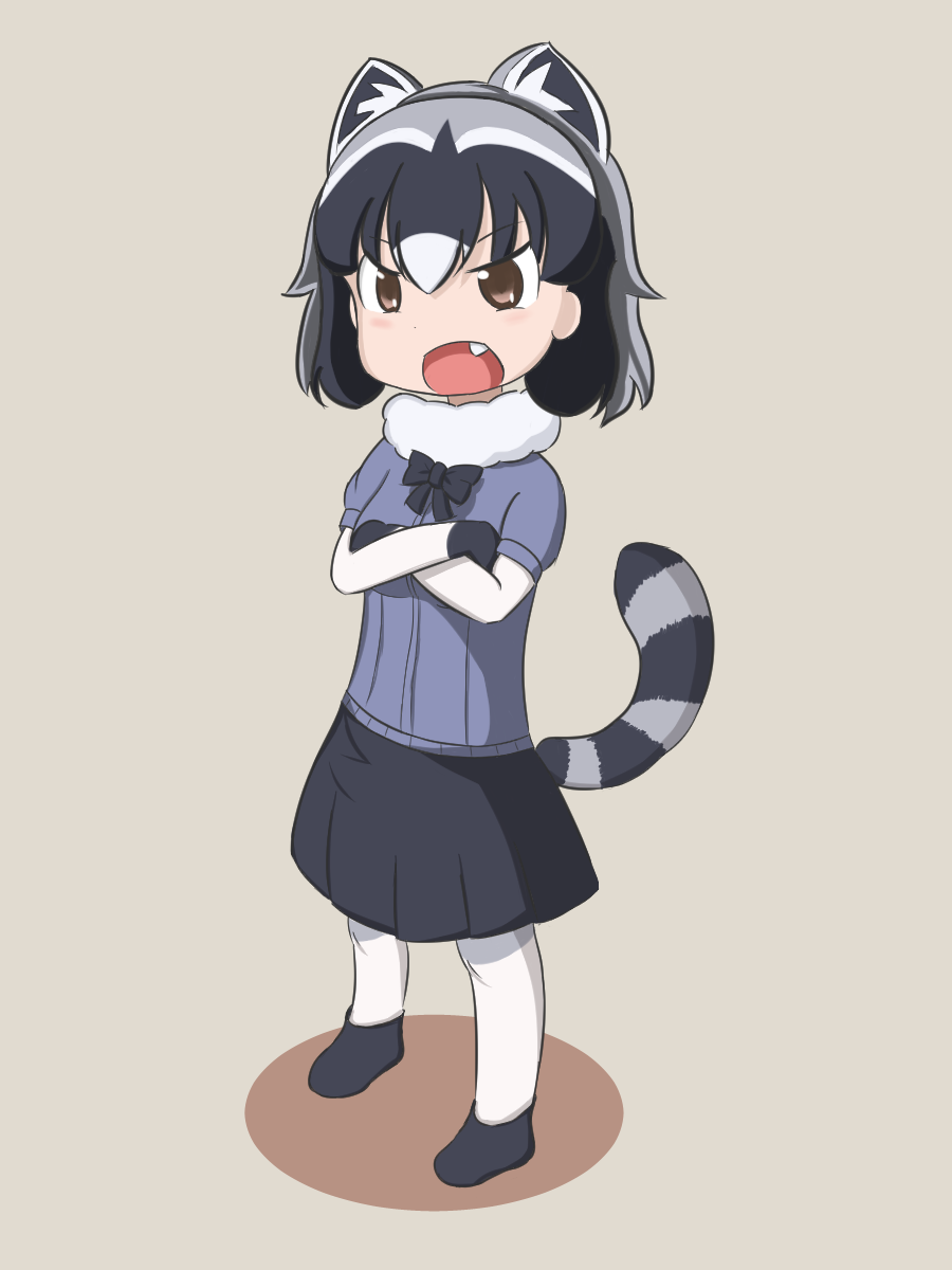 animal_ears black_hair bow bowtie commentary common_raccoon_(kemono_friends) crossed_arms elbow_gloves fang fur_collar gloves grey_hair highres kemono_friends open_mouth pantyhose piwahunu pleated_skirt puffy_short_sleeves puffy_sleeves raccoon_ears raccoon_tail short_hair short_sleeves skirt solo tail white_hair