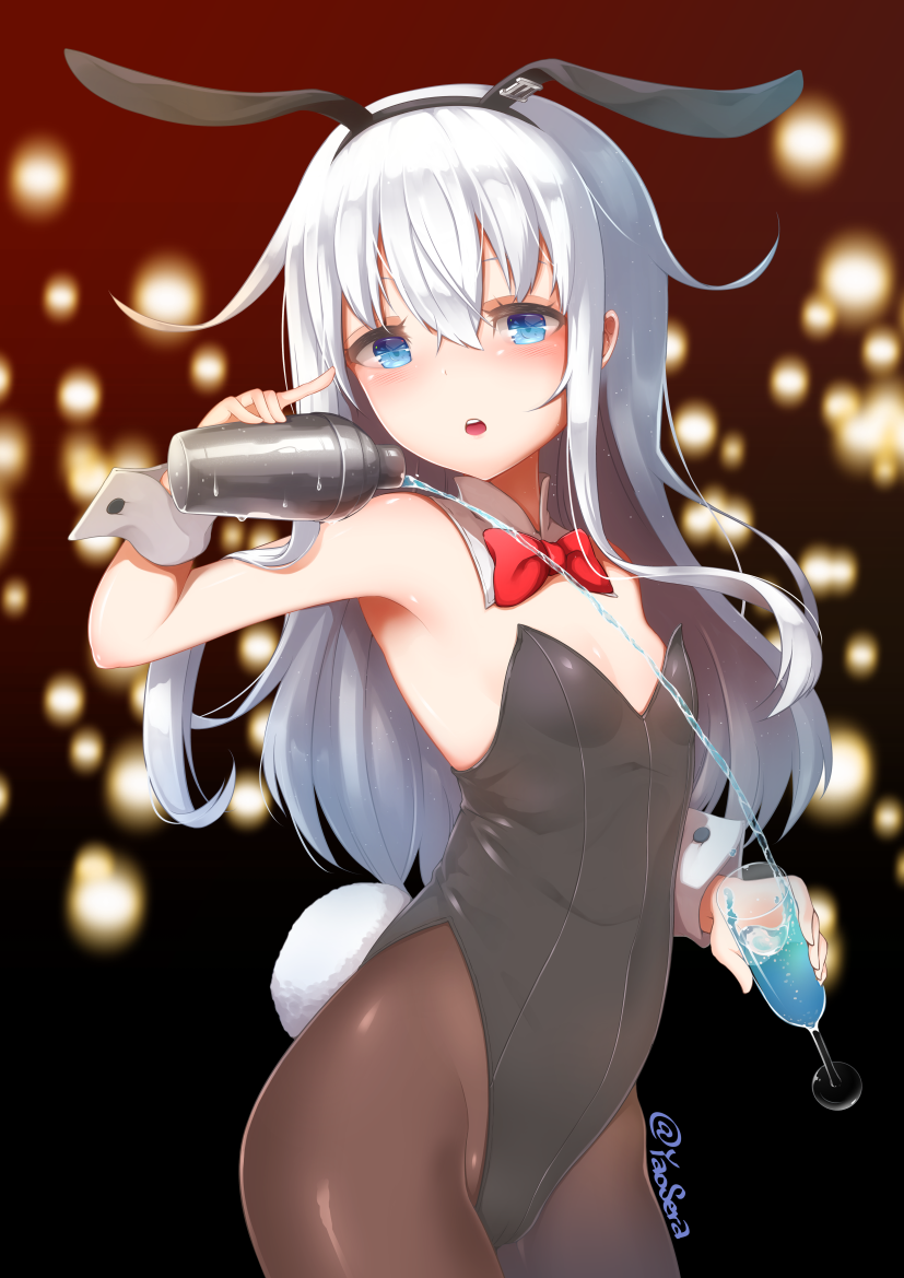 :o animal_ears black_leotard blue_eyes blush bow bowtie brown_legwear bunny_ears bunny_tail bunnysuit cowboy_shot cup decantering detached_collar detached_sleeves drinking_glass fake_animal_ears fake_tail flat_chest hair_between_eyes hibiki_(kantai_collection) highleg highleg_leotard holding holding_cup kantai_collection leotard long_hair open_mouth pantyhose pouring red_ribbon ribbon silver_hair solo tail twitter_username upper_teeth wine_glass wrist_cuffs yaosera