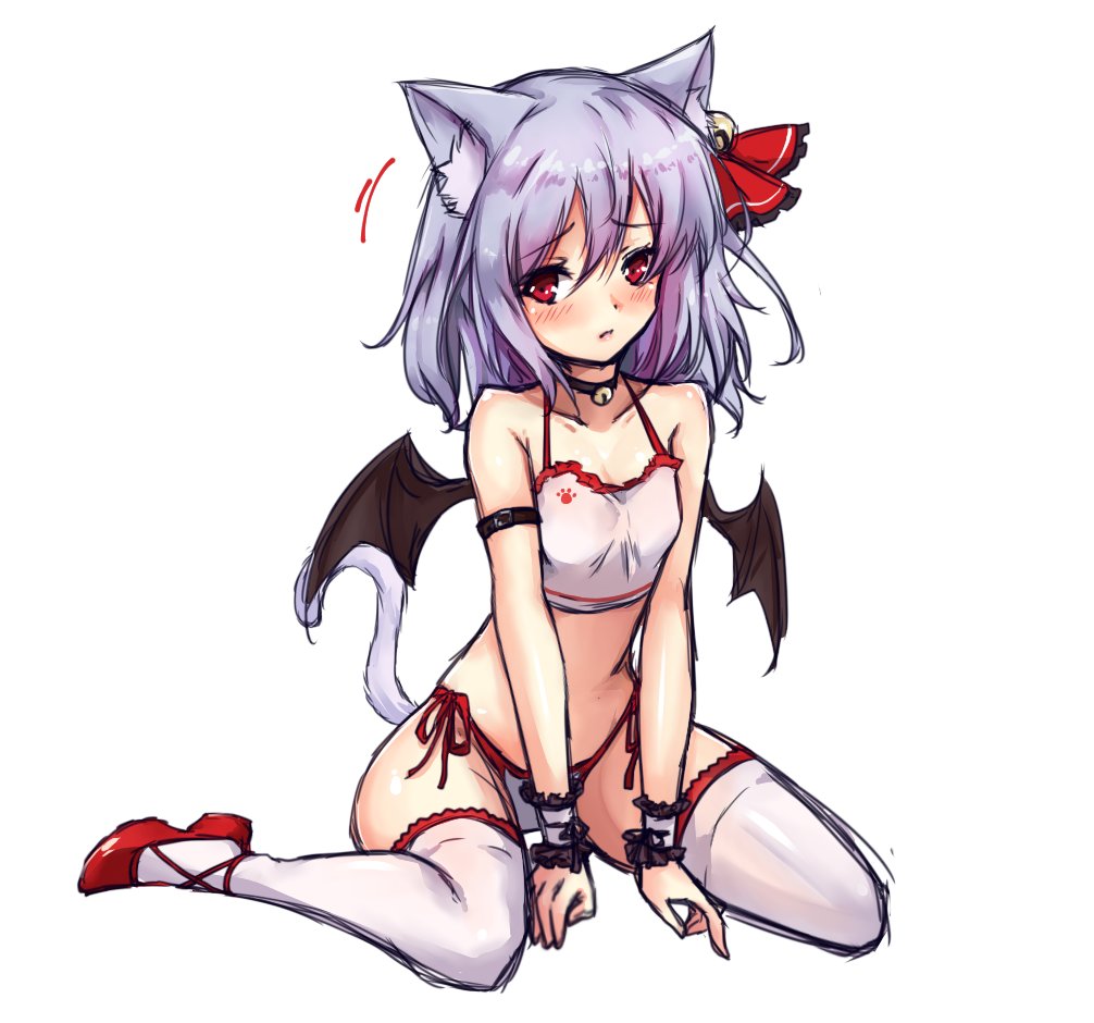 amagi_(amagi626) animal_ears bare_arms bare_shoulders bat_wings bell bell_collar blush breasts cat_ears cat_tail collar collarbone commentary_request eyebrows_visible_through_hair hair_bell hair_between_eyes hair_ornament hair_ribbon kemonomimi_mode lavender_hair looking_at_viewer medium_hair midriff panties red_eyes red_footwear red_ribbon remilia_scarlet ribbon side-tie_panties simple_background sitting small_breasts solo tail tail_raised thighhighs touhou underwear wariza white_background white_legwear wings wrist_cuffs