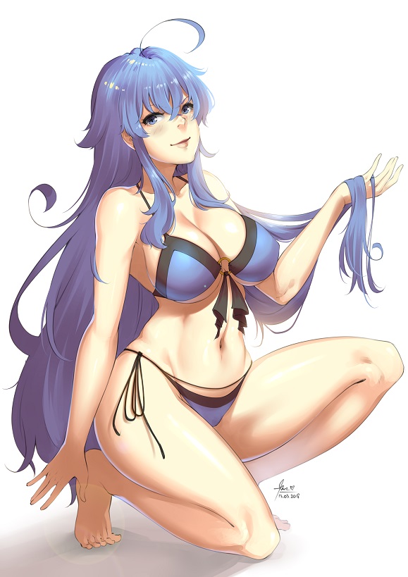 ahoge barefoot bikini blue_bikini blue_eyes blue_hair breasts character_request copyright_request dated front-tie_top full_body large_breasts lips long_hair looking_at_viewer lulu-chan92 signature simple_background smile solo squatting swimsuit white_background