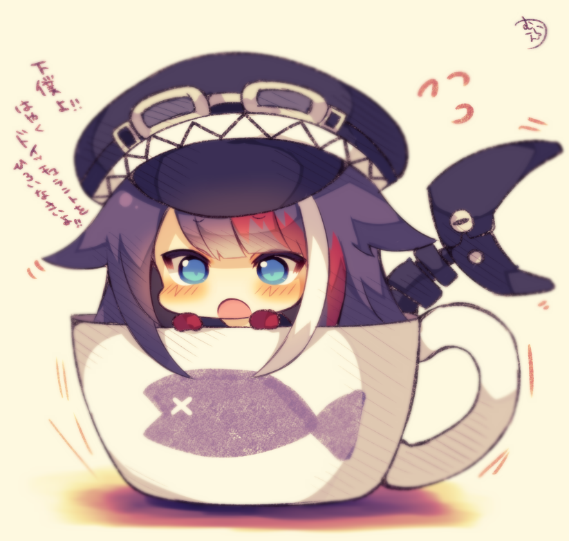 :o azur_lane bangs black_hair black_hat blue_eyes blush chibi cup deutschland_(azur_lane) eyebrows_visible_through_hair flight_goggles flying_sweatdrops gloves goggles goggles_on_headwear hair_flaps hat in_container in_cup long_hair multicolored_hair muuran open_mouth peaked_cap red_gloves red_hair signature solo streaked_hair translation_request very_long_hair white_hair