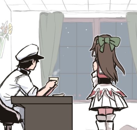 1girl admiral_(kantai_collection) black_hair bow brown_hair commentary from_behind hair_bow hat indoors jintsuu_(kantai_collection) kantai_collection long_hair looking_away lowres military military_uniform night peaked_cap pleated_skirt remodel_(kantai_collection) skirt terrajin thighhighs uniform window