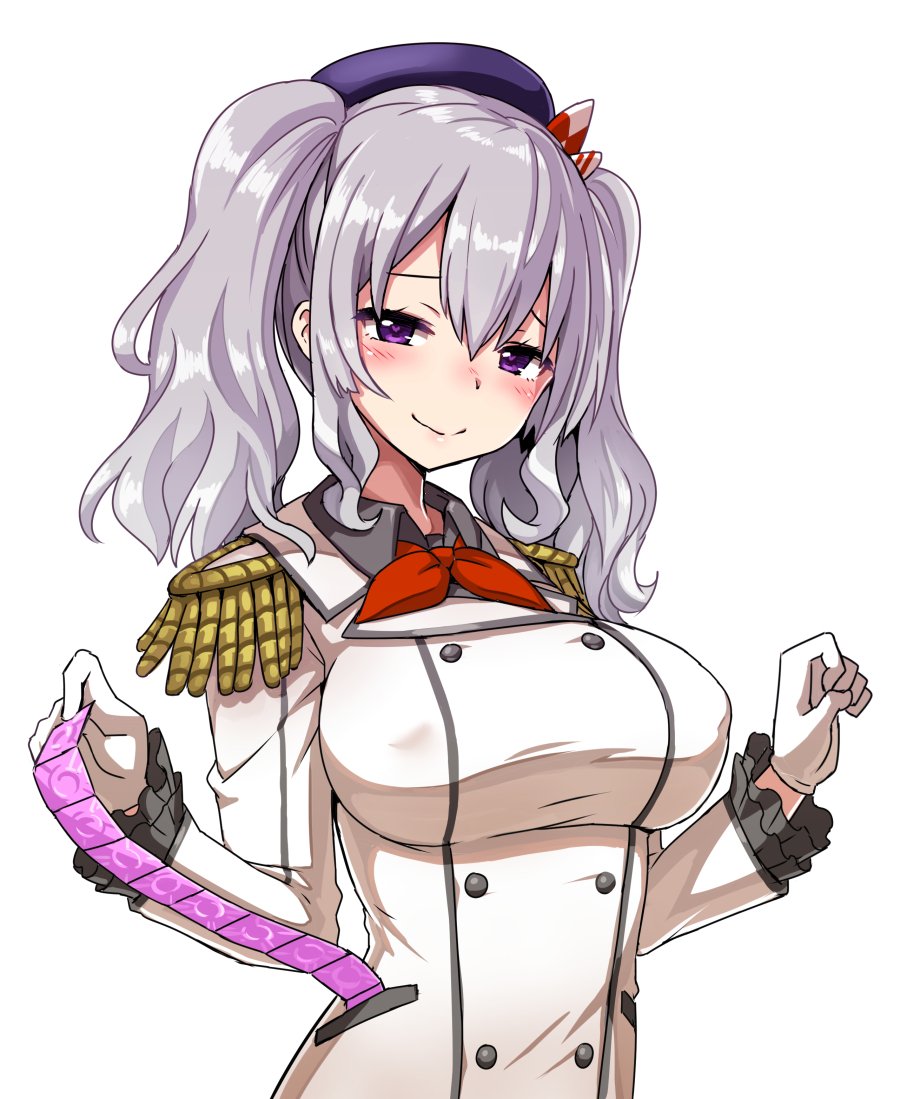 beret black_hat breasts buttons condom_wrapper epaulettes gloves hat jacket kantai_collection kashima_(kantai_collection) kerchief large_breasts long_sleeves military_jacket neckerchief purple_eyes red_neckwear sidelocks silver_hair simple_background smile solo twintails upper_body wavy_hair white_background white_gloves white_jacket zaxwu