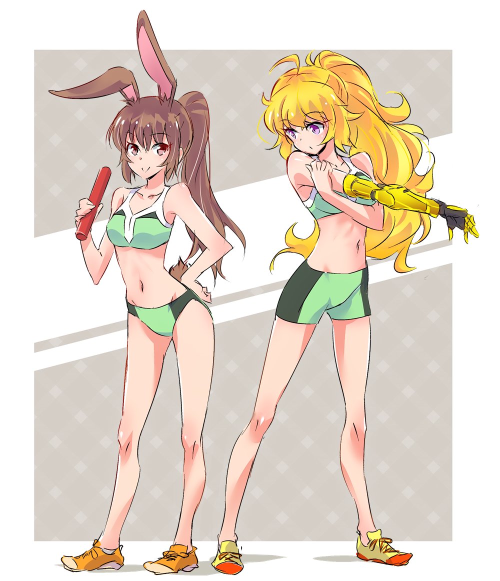 ahoge animal_ears baton bike_shorts blonde_hair brown_eyes brown_hair bunny_ears commentary_request devilman devilman_crybaby full_body han_megumi hand_on_hip iesupa koshimizu_ami kuroda_miki legs makimura_miki midriff multiple_girls navel ponytail prosthesis prosthetic_arm purple_eyes rwby seiyuu_connection shoes shorts sneakers standing stretch tail velvet_scarlatina yang_xiao_long