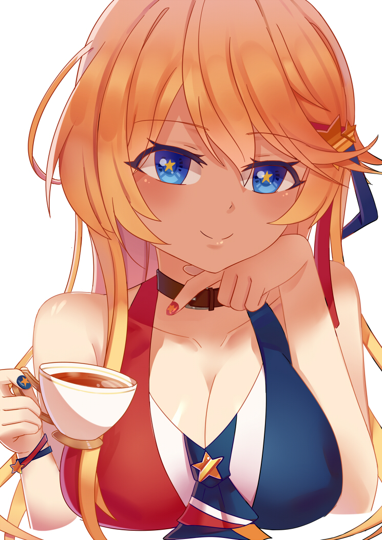 alternate_costume blonde_hair blue_eyes breasts choker cleavage close-up cup iowa_(kantai_collection) kantai_collection large_breasts long_hair looking_at_viewer moon_ash multicolored_shirt nail_polish shirt sleeveless sleeveless_shirt smile solo star star-shaped_pupils striped symbol-shaped_pupils teacup upper_body vertical_stripes
