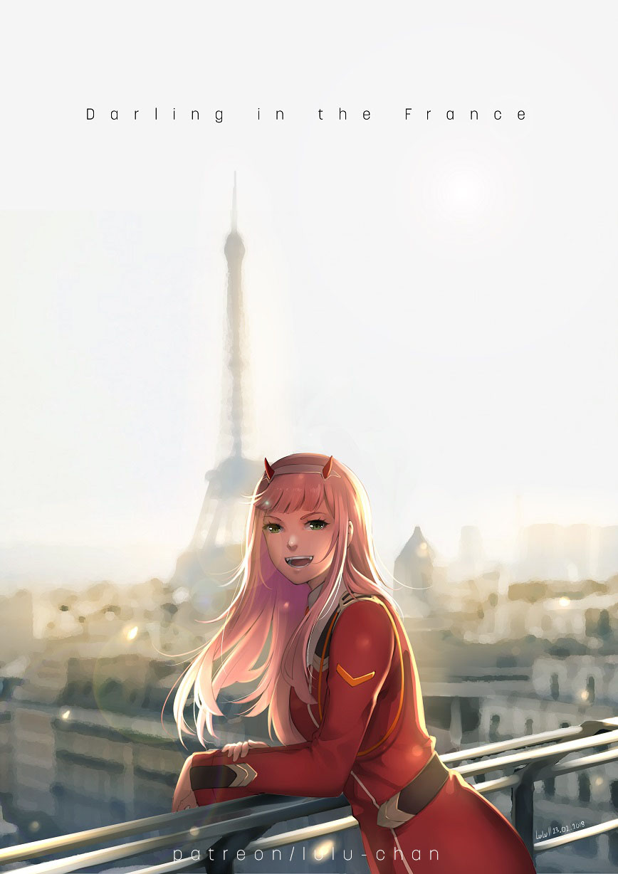 :d against_railing artist_name bangs blunt_bangs blurry blurry_background city commentary copyright_name darling_in_the_franxx dated day dress eiffel_tower green_eyes hairband highres horns landmark leaning_forward lens_flare long_hair long_sleeves looking_at_viewer lulu-chan92 military military_uniform open_mouth outdoors paris pun railing red_dress smile solo straight_hair sunlight teeth uniform upper_body watermark web_address white_hairband zero_two_(darling_in_the_franxx)