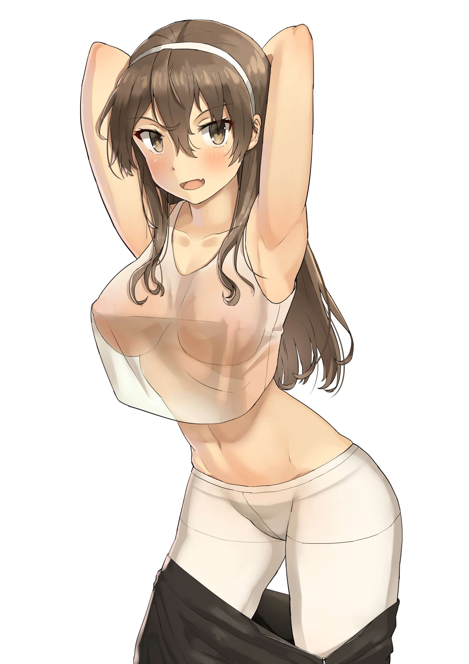 arms_behind_head ashigara_(kantai_collection) breasts brown_eyes brown_hair crop_top crop_top_overhang hairband highres jpeg_artifacts kantai_collection long_hair md5_mismatch medium_breasts pantyhose simple_background skirt skirt_pull solo soushou_nin standing wavy_hair white_background white_legwear