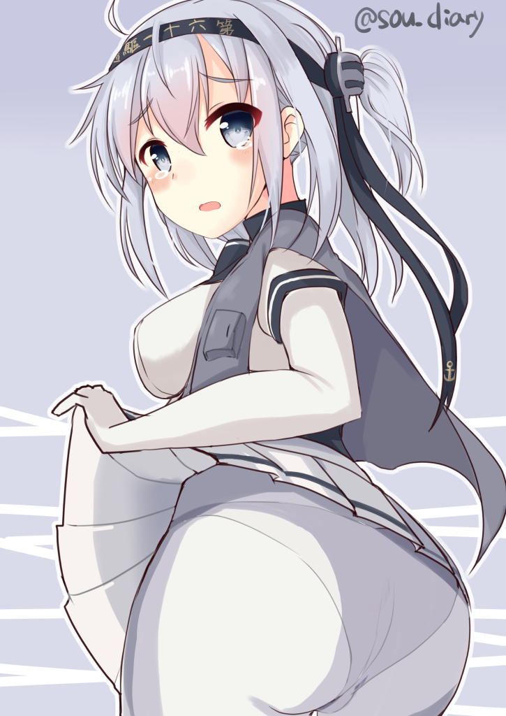 1girl artist_request ass blue_eyes blush breasts elbow_gloves from_behind gloves hairband kantai_collection large_breasts long_hair looking_at_viewer open_mouth panties panties_under_pantyhose pantyhose school_uniform shiny shiny_hair side_ponytail sideboob silver_hair skirt skirt_hold skirt_lift solo suzutsuki_(kantai_collection) tears