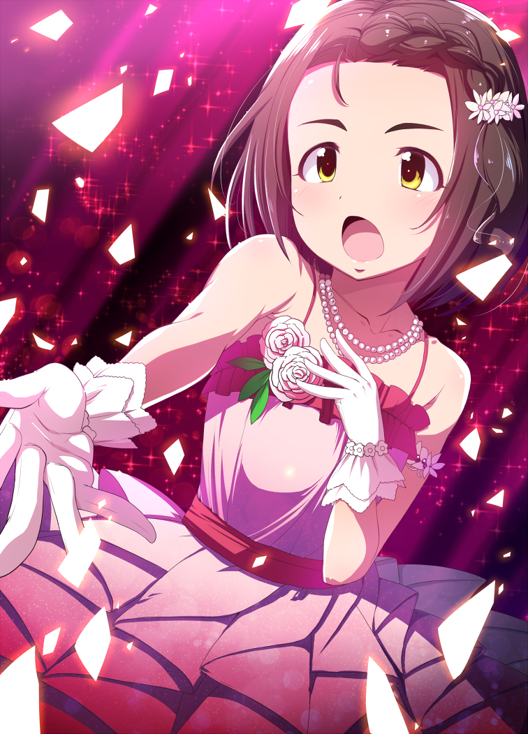 bare_shoulders braid brown_hair commentary_request dress flower gloves hair_flower hair_ornament hand_on_own_chest idolmaster idolmaster_cinderella_girls jewelry natsumi_akira necklace open_mouth outstretched_arm pearl_necklace short_hair solo sparkle white_gloves yanase_miyuki yellow_eyes
