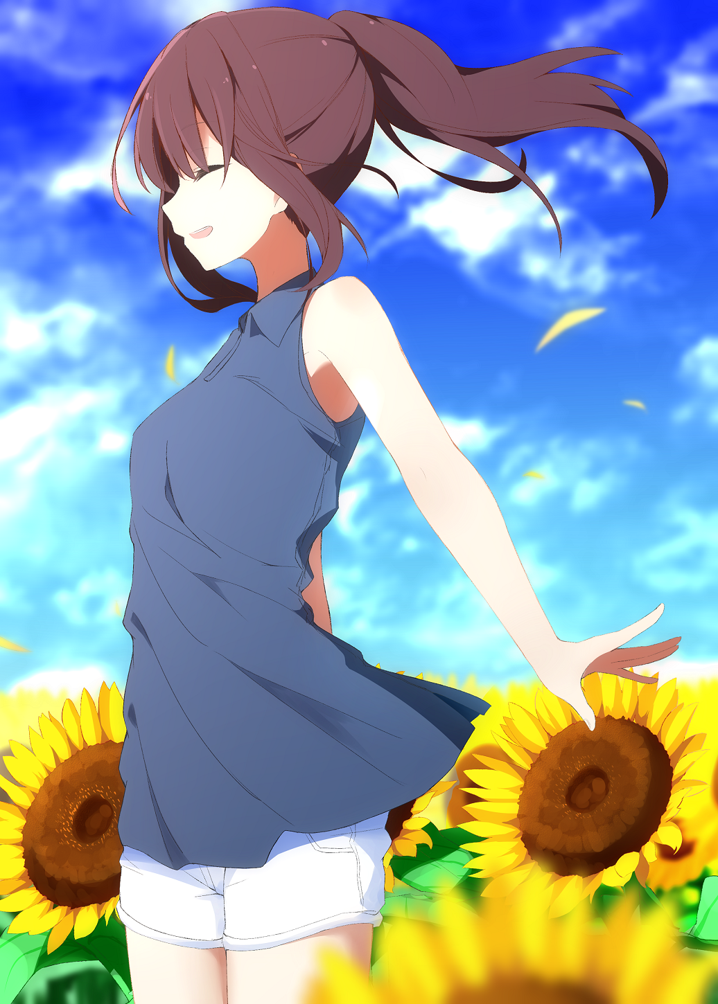 :d aa_(sin2324) bangs bare_arms bare_shoulders blue_shirt blue_sky brown_hair closed_eyes cloud cloudy_sky commentary_request day eyebrows_visible_through_hair fingernails flower hakama-chan_(aa) high_ponytail highres long_hair open_mouth original outdoors outstretched_arm ponytail profile shirt short_shorts shorts sky sleeveless sleeveless_shirt smile solo sunflower upper_teeth white_shorts yellow_flower