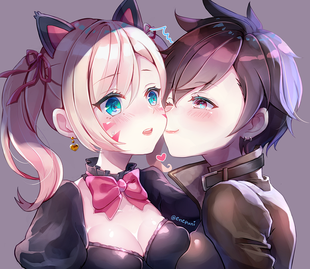alternate_costume alternate_eye_color animal_ears black_cat_d.va black_dress blonde_hair blue_eyes blush bomber_jacket bow bowtie breast_press breasts brown_eyes brown_jacket cat_ears cheek_kiss cleavage collarbone d.va_(overwatch) dress earrings enepuni extra_ears eyebrows_visible_through_hair facepaint facial_mark goggles grey_background hair_ribbon heart heart_earrings jacket jewelry kiss leather leather_jacket lolita_fashion looking_at_another medium_breasts multiple_girls one_eye_closed open_mouth overwatch pink_bow pink_ribbon ribbon short_hair simple_background smile spiked_hair surprise_kiss surprised sweatdrop symmetrical_docking tracer_(overwatch) twintails twitter_username upper_body yuri