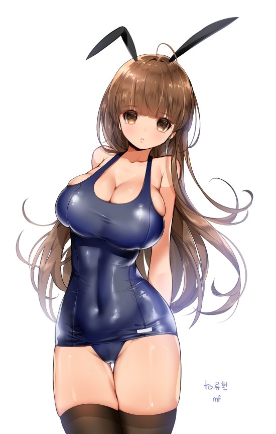 ahoge animal_ears arms_behind_back bangs black_legwear blunt_bangs blush breasts brown_eyes brown_hair bunny_ears cleavage covered_navel fake_animal_ears gingin8926 large_breasts long_hair one-piece_swimsuit original school_swimsuit shiny shiny_clothes simple_background solo swimsuit thighhighs white_background