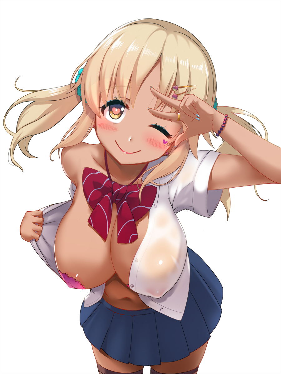 aqua_scrunchie areola_slip areolae arm_up bangs blonde_hair blue_nails blue_skirt blush bow bowtie bra bracelet breasts brown_eyes brown_legwear closed_mouth collarbone covered_nipples cowboy_shot earrings eyebrows_visible_through_hair eyeliner facial_mark gyaru hair_ornament hair_scrunchie hairclip hand_gesture heart heart-shaped_pupils highres idolmaster idolmaster_cinderella_girls jewelry large_breasts leaning_forward lipstick looking_at_viewer loose_bowtie makeup medium_hair nail_polish navel off_shoulder okuri_banto one_eye_closed open_clothes open_shirt purple_bra red_lipstick red_neckwear ring school_uniform scrunchie see-through shiny shiny_hair shirt short_sleeves sidelocks simple_background single_bare_shoulder skirt smile solo standing striped striped_neckwear stud_earrings symbol-shaped_pupils tan tareme thighhighs totoki_airi twintails underwear w wet wet_clothes wet_shirt white_background white_shirt zettai_ryouiki