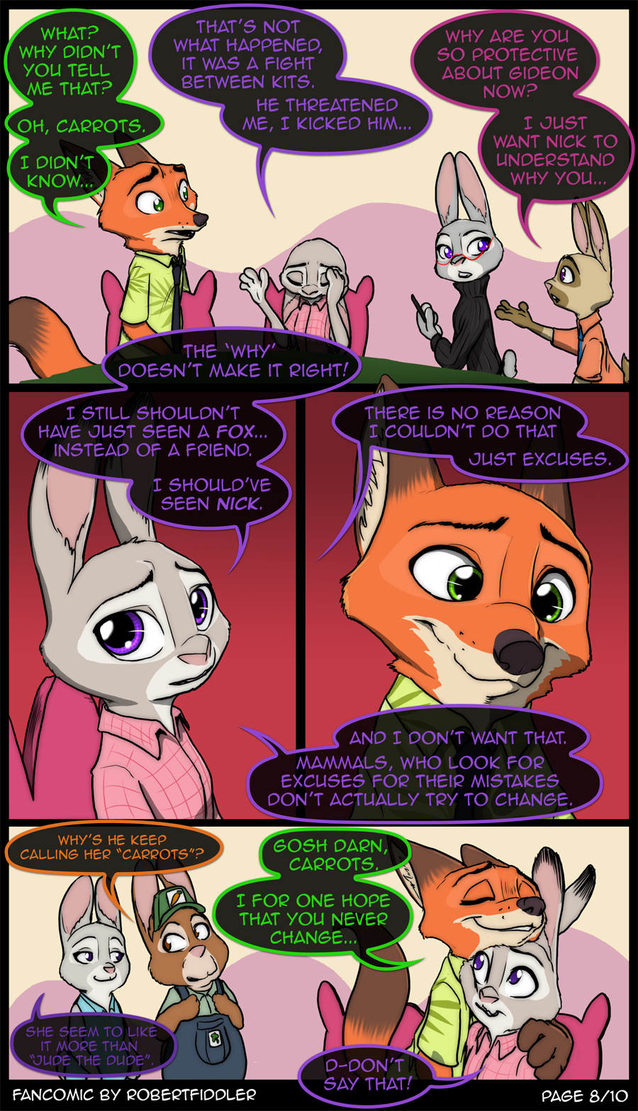 2018 anthro bonnie_hopps canine cellphone chair clothed clothing comic dialogue dipstick_ears dipstick_tail disney english_text eyewear female fox glasses gloves_(marking) green_eyes group hat holding_object holding_phone hug judy_hopps lagomorph male mammal markings multicolored_tail necktie nick_wilde overalls phone purple_eyes rabbit robertfiddler speech_bubble stu_hopps text violet_hopps_(zootopia) zootopia