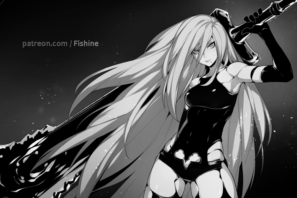 android breasts elbow_gloves fishine gloves greyscale holding holding_sword holding_weapon huge_weapon long_hair mole mole_under_mouth monochrome nier_(series) nier_automata over_shoulder patreon_username robot_joints small_breasts solo sword sword_over_shoulder very_long_hair weapon weapon_over_shoulder yorha_type_a_no._2