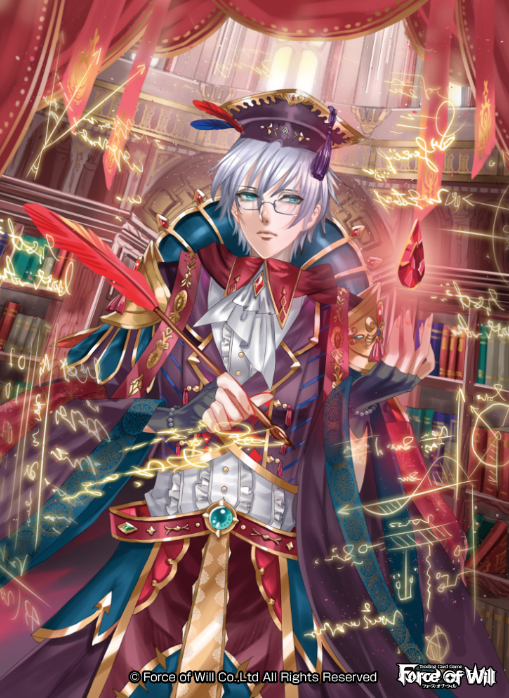 alisaris_(force_of_will) banamons belt blue_eyes book company_name feathers fingerless_gloves force_of_will gem glasses gloves hat magic male_focus official_art pencil solo white_hair