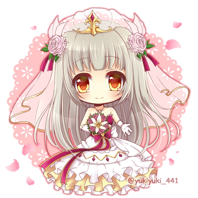bangs bare_shoulders blush bouquet bow bridal_veil brown_eyes chibi closed_mouth collarbone commentary dress eyebrows_visible_through_hair flower full_body gloves grey_hair hair_flower hair_ornament holding holding_bouquet long_hair outstretched_arm petals pink_flower pink_rose purple_bow purple_ribbon ribbon rose rouche_(shironeko_project) shironeko_project smile solo strapless strapless_dress twitter_username veil very_long_hair wedding_dress white_dress white_flower white_gloves yukiyuki_441