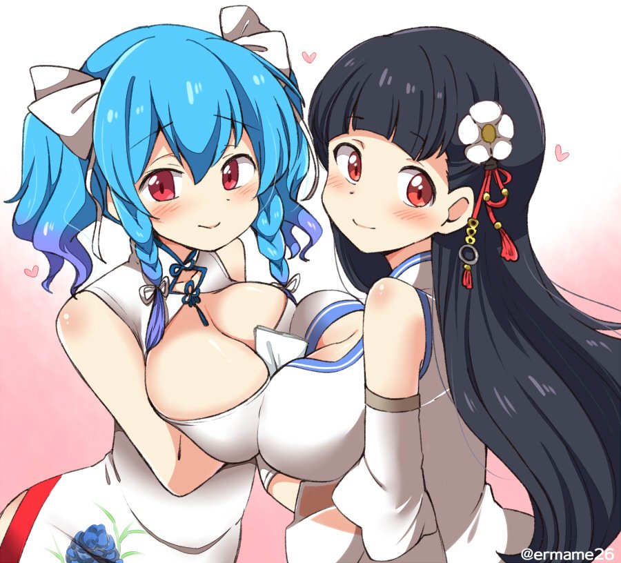 azur_lane bangs bare_shoulders black_hair blue_flower blue_hair blue_rose blush braid breast_hold breast_press breasts china_dress chinese_clothes cleavage cleavage_cutout closed_mouth collarbone commentary_request detached_sleeves dress eromame eyebrows eyebrows_visible_through_hair facing_another floral_print flower gloves gradient gradient_background gradient_hair hair_between_eyes hair_flower hair_ornament hair_ribbon heart large_breasts long_hair long_sleeves multicolored multicolored_background multicolored_hair multiple_girls pink_background purple_hair red_eyes ribbon rose rose_print sleeveless sleeveless_dress smile st._louis_(azur_lane) straight_hair symmetrical_docking turtleneck twin_braids twintails twitter_username two-tone_background two-tone_hair white_background white_dress white_flower white_gloves white_ribbon wide_sleeves yat_sen_(azur_lane)