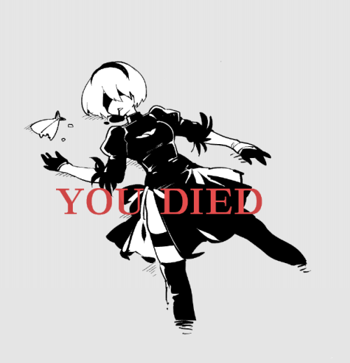 blindfold blood blood_from_mouth boots death dress fish fishine food gameplay_mechanics lying nier_(series) nier_automata on_back parody short_hair solo souls_(from_software) suicide thigh_boots thighhighs yorha_no._2_type_b