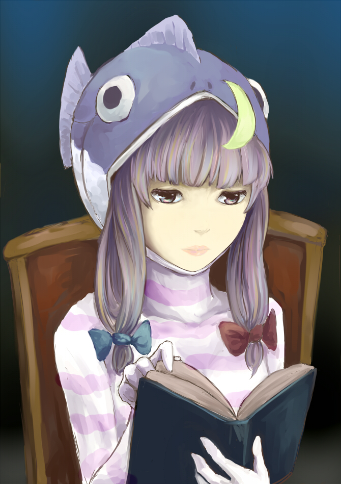 bangs blue_bow blunt_bangs book bow chair closed_mouth commentary_request crescent fingernails gradient gradient_background hair_bow hat hat_ornament holding holding_book kouzilow long_hair long_sleeves looking_away multicolored_hair patchouli_knowledge purple_hat reading red_bow shirt sitting solo striped striped_shirt touhou turtleneck